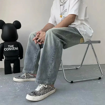 sanyamk Lazy Style Men Jeans Korean Hip Hop Patchwork Oversized Straight Jean Pants Streetwear All-match Denim Pants Light blue jeans