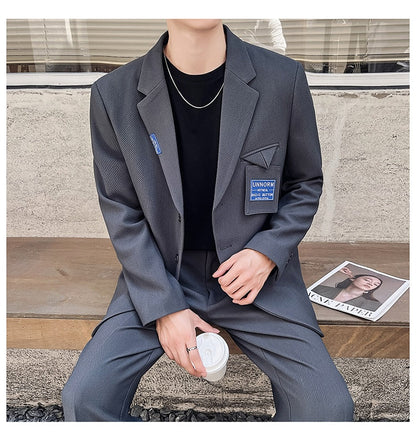 sanyamk Mens Suits Sets Jacket Pant Men Korean Streetwear Office Fashion Loose Casual Blazer Suit Jacket Pant Chic Trend Dress Suits