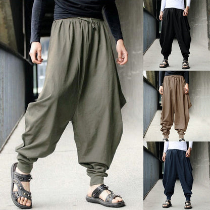 Bonsir Vintage Bloomers Men's Cotton Linen Baggy Black Trousers Male Khaki Harem Pants for Men Hippie Hip Hop 5XL Breathable