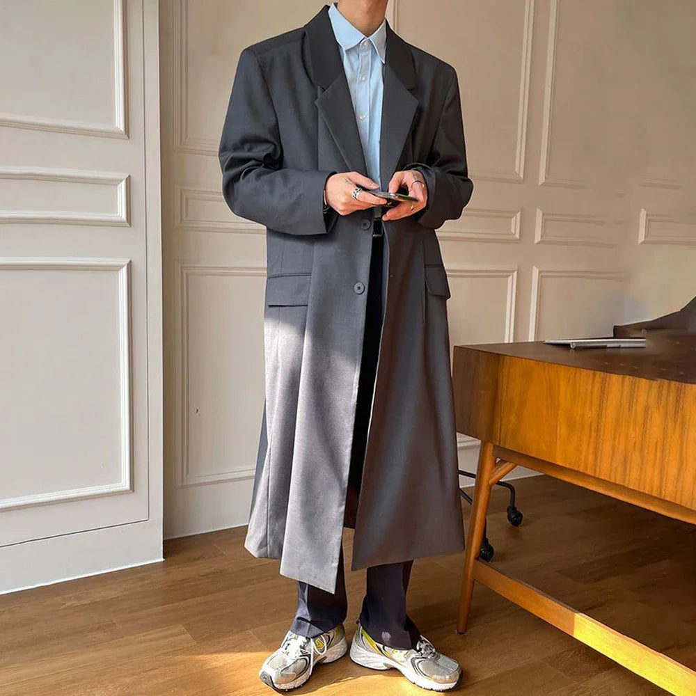 sanyamk Coat Men's Mid-Length Autumn New Men'S Korean Style Trendy Loose Over-The-Knee Casual Retro Comfortable Simple Suit Collar Coat