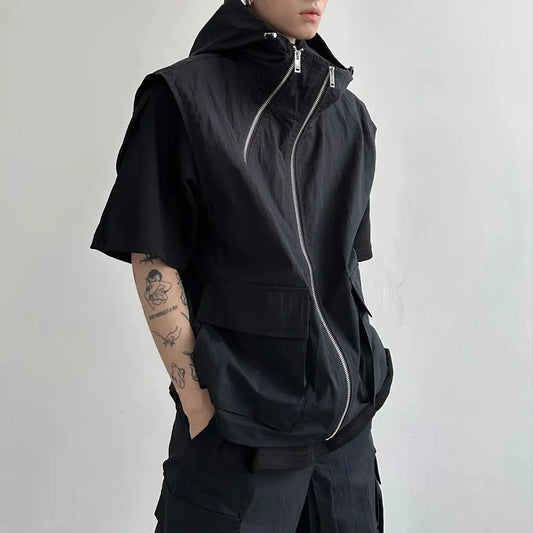 sanyamk Men Cargo Vest Hooded Summer Japanese Zipper Design Sleeveless Tops Male Korean Streetwear Hip Hop Unisex Plus Size Waistcoat