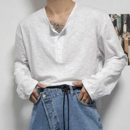 sanyamk  -   New Fashion Men's T-shirts Button Long Sleeve Autumn Menwear Pullover Solid Color Male Clothing Trendy Autumn Simple 9C7800