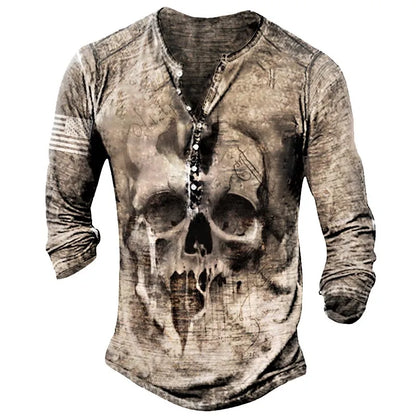 sanyamk Men's T-Shirt Outdoor Warrior Print T-Shirt Henley Shirt Vintage Style Long Sleeve Shirt, Men's Clothing L-5XL