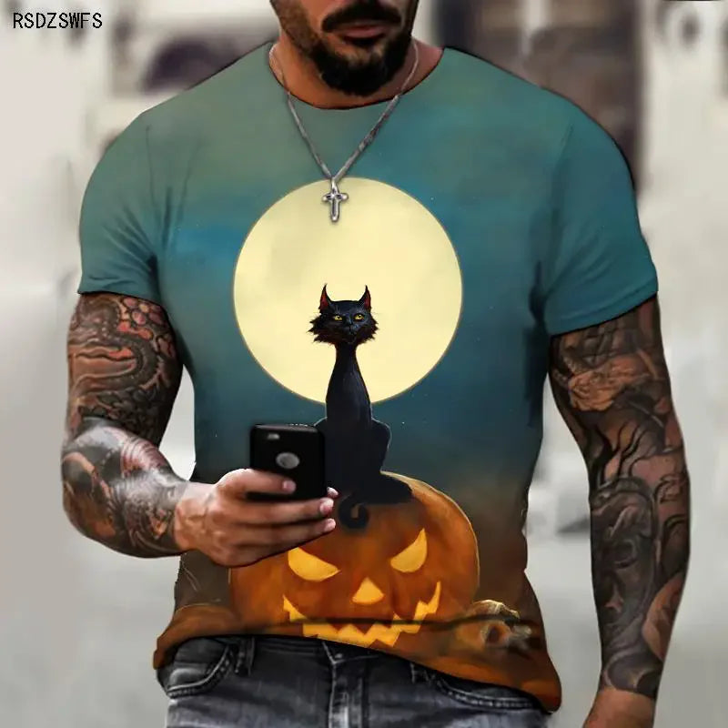 sanyamk Halloween Summer Men's New T-shirt 3D Printed Bat Pattern Fashionable, Casual, Comfortable Street Plus Size