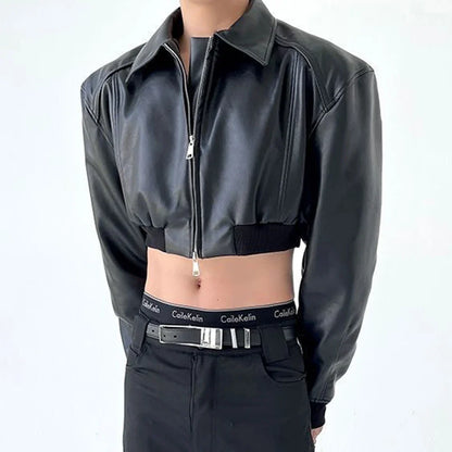 sanyamk Autumn Product Design Sense Lgbt Sexy Navel Exposed Fashion High Street High Waist Double Zipper Wide Shoulder Leather Jacket