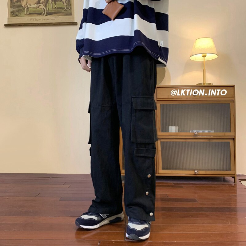 Bonsir Large Pocket Cargo Pants  Neutral Wide Leg Casual Trousers Loose Straight  Hip Hop  Men's Pants Harajuku Women's Trousers