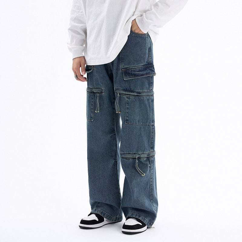 sanyamk Washed Retro Zipper Pockets Unisex Blue Denim Trousers Straight High Street Loose Casual Cargo Pants Harajuku Hip Hop Jeans