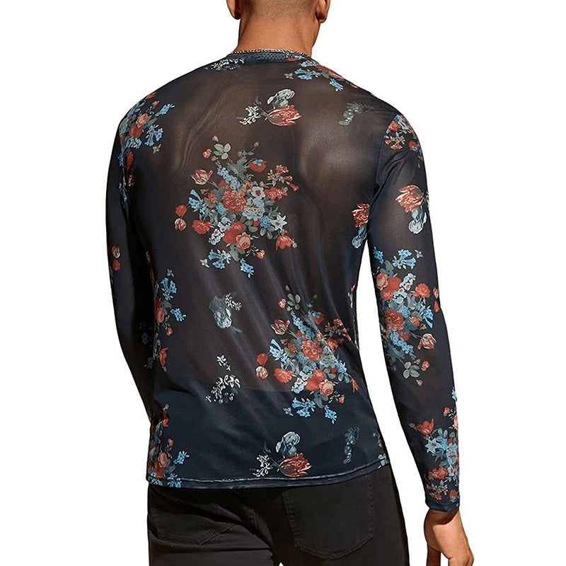 Bonsir Vintage Slim Elastic Mesh T Shirts Men Sexy Transparent Thin Basic T-shirt Streetwear Fashion Floral Print Long Sleeve Tee Mens