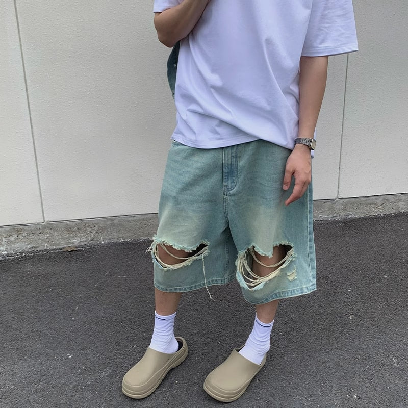 sanyamk New Ripped Baggy Jorts And Denim Jackets Vest For Men Women Summer Big Boy Jeans Shorts Retro Streetwear Fifth Pants