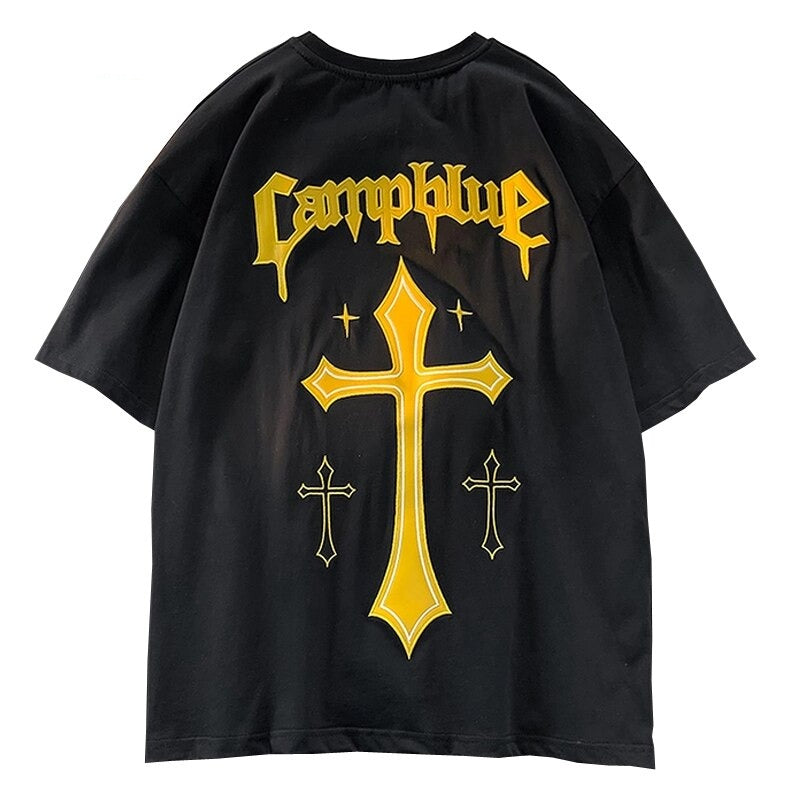 sanyamk 2022 New Arrival Top Fashion Summer Cotton O-neck Retro Heavy Print Short Sleeve Vintage Crucifix Gothic Personalized Tshirt