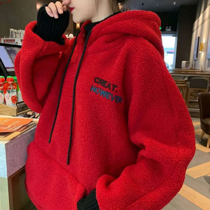 Bonsir Autumn Winter Thickened Velvet Embroidered Hooded Sweatshirt Couple Casual Loose High Street Tops Men Hoodies Male Clothes