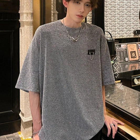 Bonsir New Summer Stylish Bright TShirt Men Tops Shiny Loose Short Sleeve T-shirt High Street Aesthetic Harajuku Women Tshirt