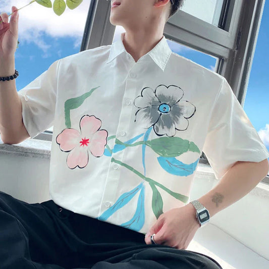 Bonsir Men's Trendy Floral Print Lapel Short Sleeve Button Down Shirt Youth Korean Style Casual Streetwear Loose Tops Camisa Masculina