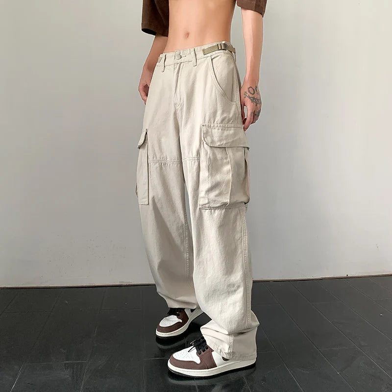 Bonsir American High Street Big Pocket Overalls Casual Pants Men and Women High Waist Slim Hip Hop Streetwear Pants