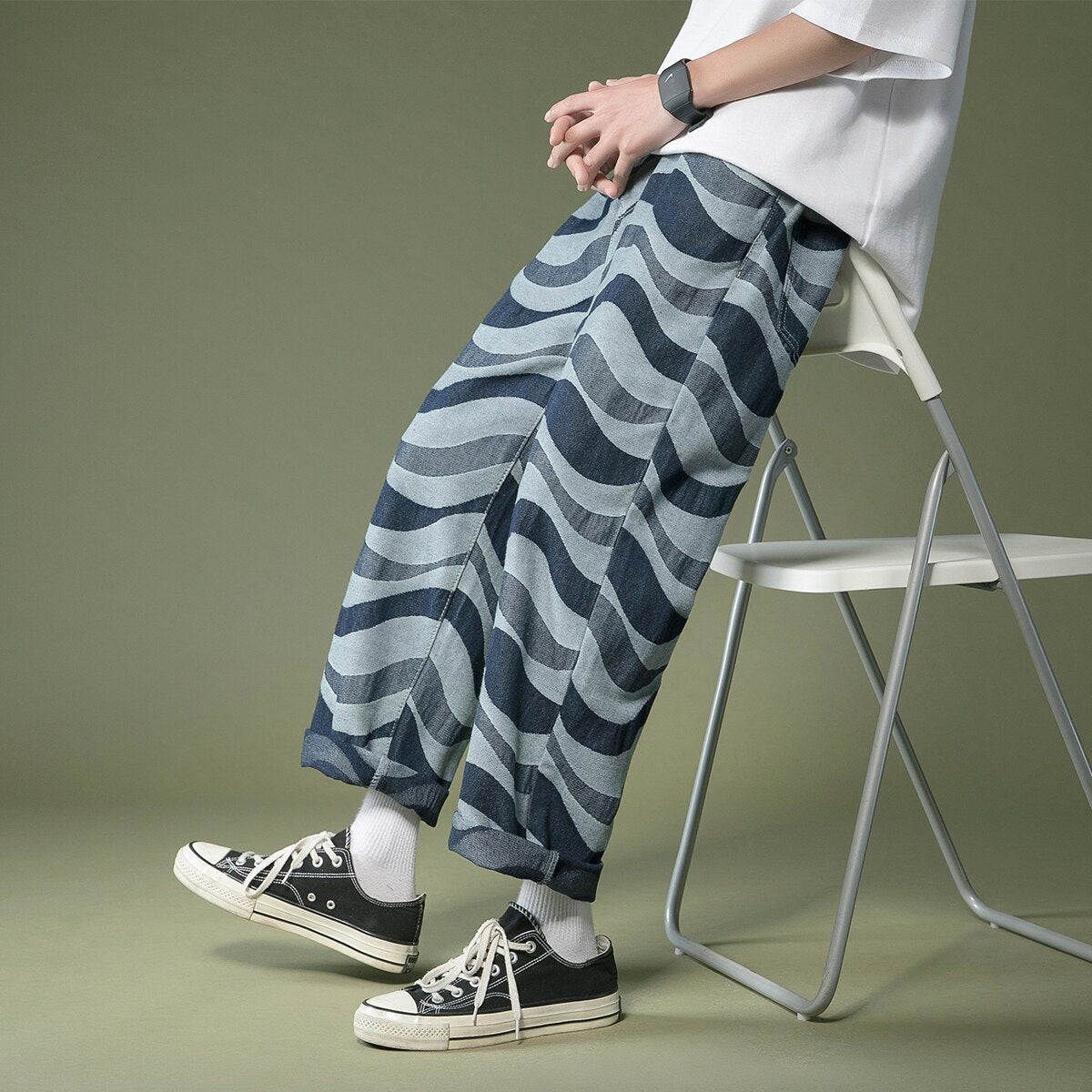 Bonsir Blue Water ripple Streetwear Oversize Jeans Men Harajuku Baggy Wide Leg Pants Straight Loose Hip Hop Denim Pants Male 2XL-S