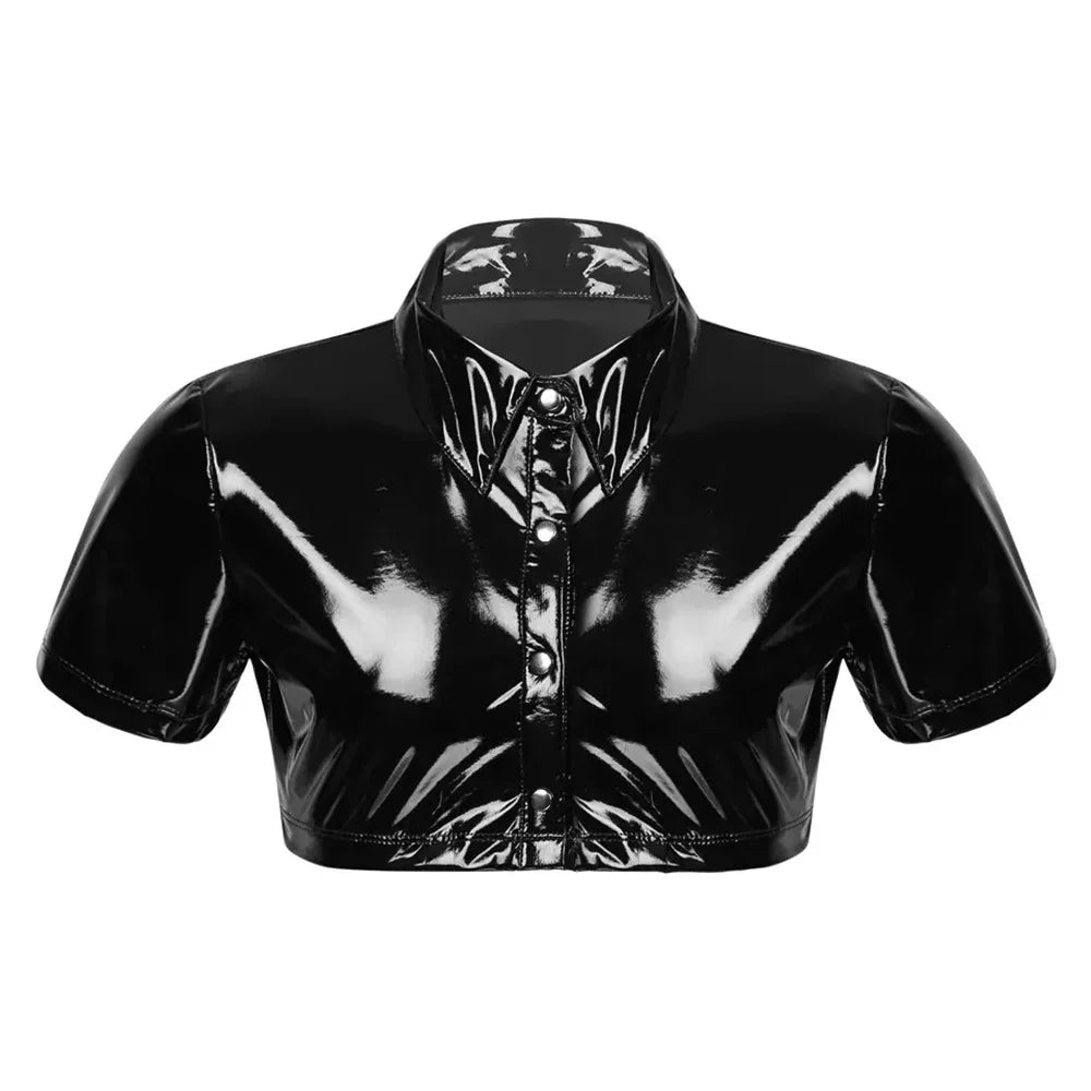 sanyamk Mens Sexy Glossy Leather Short-sleeved Shirt Erotic Shaping Sheath Latex Tops Casual T-shirts Shiny Short Leather Jacket Sexi