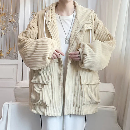 sanyamk Corduroy Men Cargo Jackets Autumn Outerwear Male Multi-pocket Hooded Coat Mens Jacket Korean Fashion Windproof Tops Streetwear