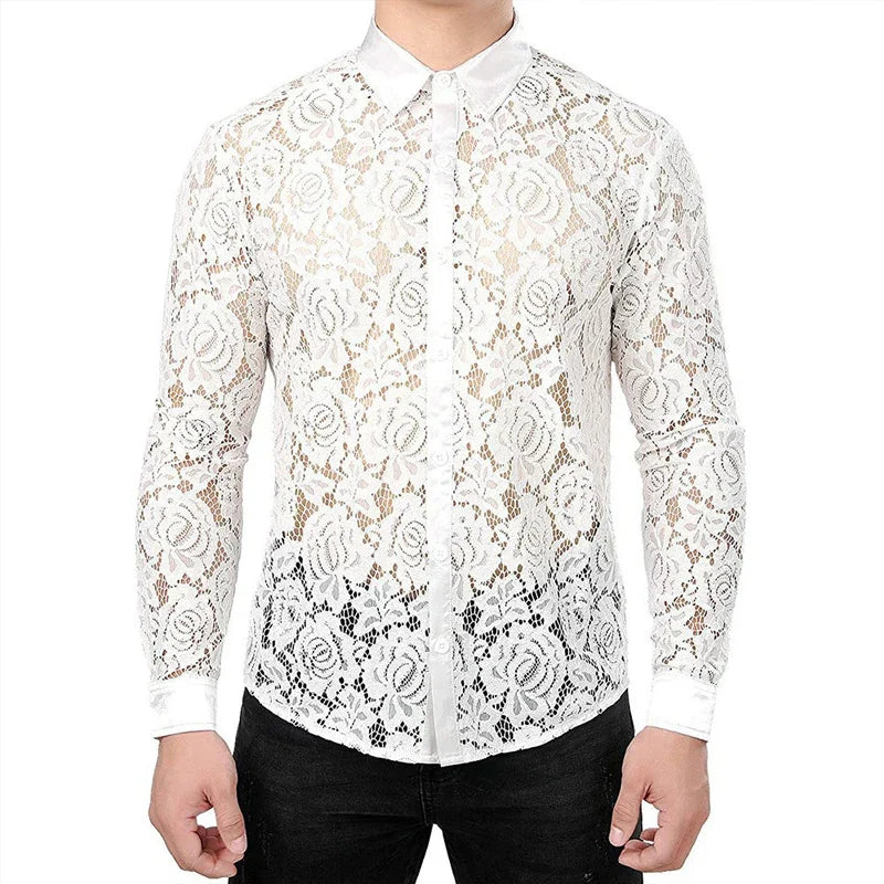 sanyamk 2024 Spring Long Sleeve See Through Mens Shirt Sexy Floral Embroidery Mesh Lace Shirts Tops Men Streetwear Fashion Slim Cardigan