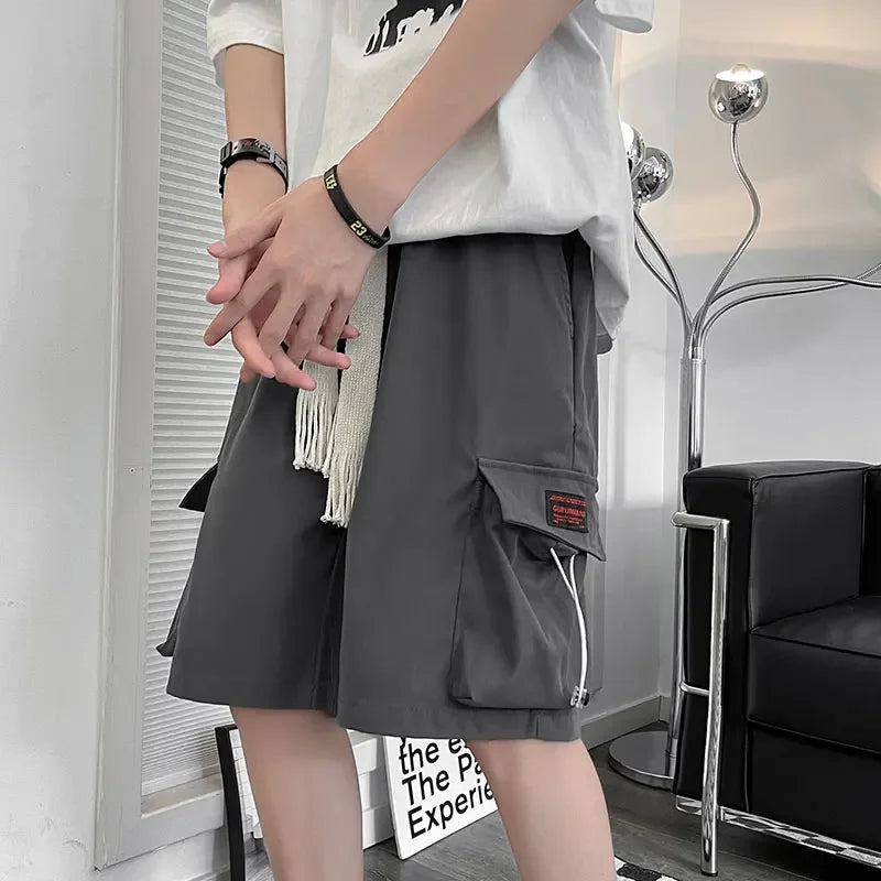 sanyamk Summer Mens Cargo Shorts Black Pocket Japanese Fashion Streetwear Hip Hop Short Pants