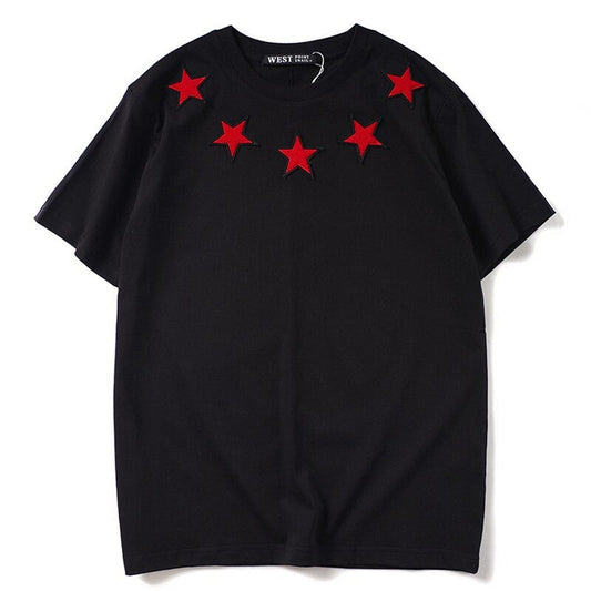 sanyamk 2022 Summer New Fashion Brand Tricolor Front And Rear Car Flocking Pentagonal Star Embroidery Couple Loose Short Sleeve T-shirt Fo