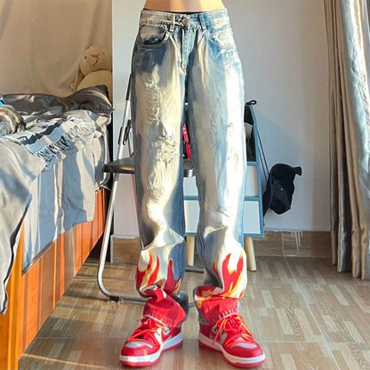 sanyamk  autumn and winter new flame print hole washed swag size jeans hip hop high street style trousers for men and women jeans