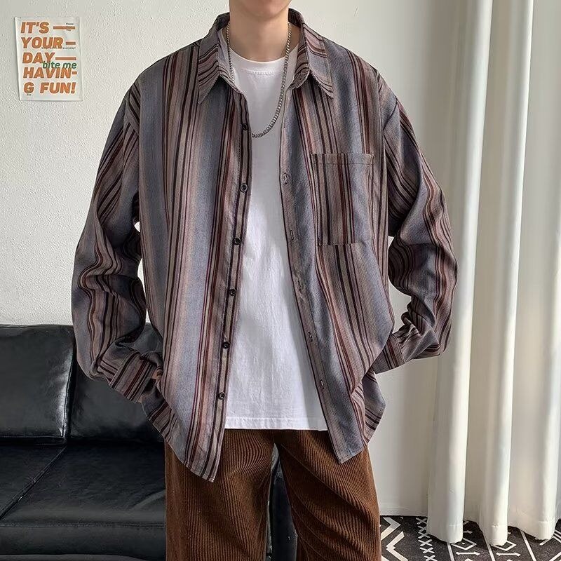 sanyamk Autumn Cotton Long Sleeve Shirts Men's Fashion Retro Striped Shirts Mens Japanese Streetwear Loose Casual Shirts Men M-2XL