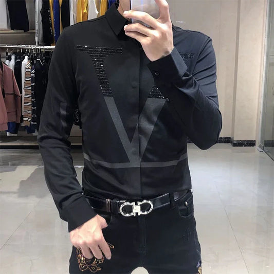 sanyamk Spring Autumn Personality Diamonds Letter Printing Shirt Hombre Long Sleeve Casual Fashion All-match Bottoming Blouse Men Top