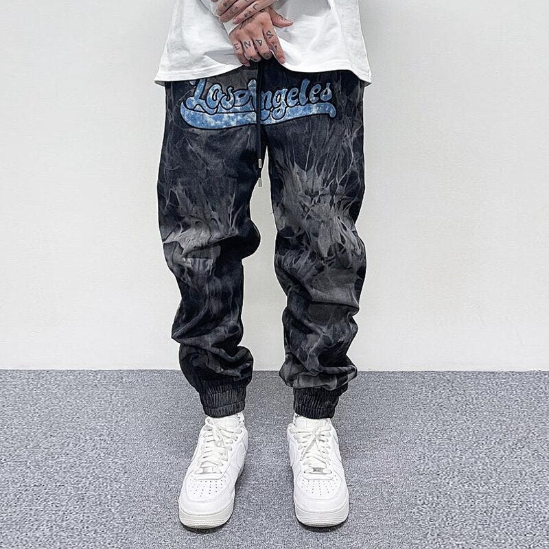 sanyamk Tie Dye Washed Letter Embroidery Drawstring Jeans Pants Men's Retro Streetwear Joggers Sweatpants Oversize Casual Denim Trousers