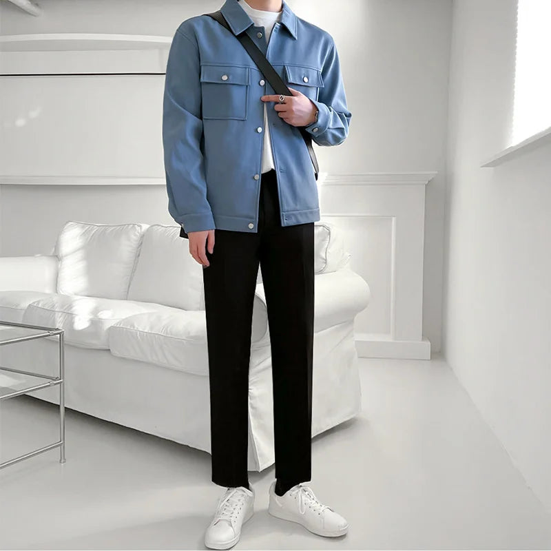 sanyamk -  Jacket Men's Coat Spring Loose Versatile Tops Korean Fashion Casual Slim Fit Blue Lapel Single Breasted Coat 2Y2107