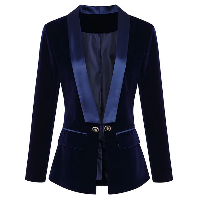 sanyamk  -  Dark Blue Black Blazer Women Spring Autumn Long Sleeve Velvet Coats Shawl Collar Single Button Blazers Women Jacket Coat Female