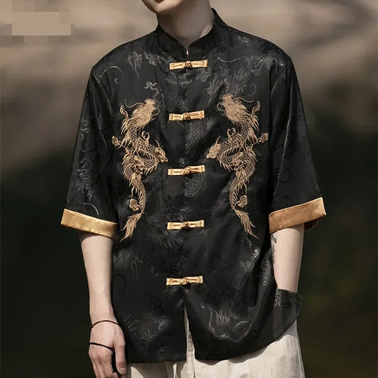 sanyamk Summer Chinese Traditional Dress Plus Size High Quality Dragon Embroidery Shirt Men Clothing Ice Silk Short Sleeve Vintage Tops