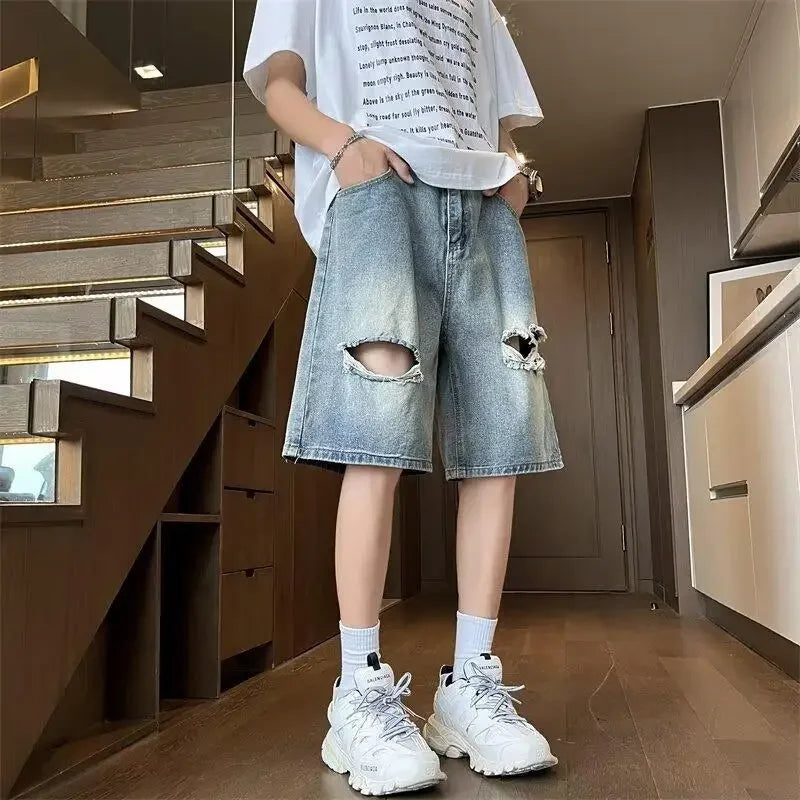 sanyamk American Style Ripped Men's Summer Thin Midwaist Versatile Loose-fit Straight-leg Denim Shorts Five-fourths Shorts