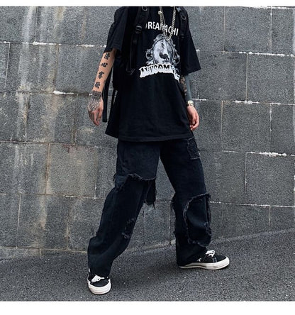 Bonsir High Street Dark Personality Destroys Raw Edge Fake Two Trendy Jeans Ripped Harajuku Punk Wide-leg Straight Denim Pants Black