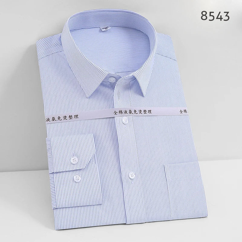 sanyamk Non-Iron Cotton Men Dress Shirts Solid  Plus Size Social Formal Shirt Mens Anti Wrinkle Long Sleeve Regular Fit Striped New