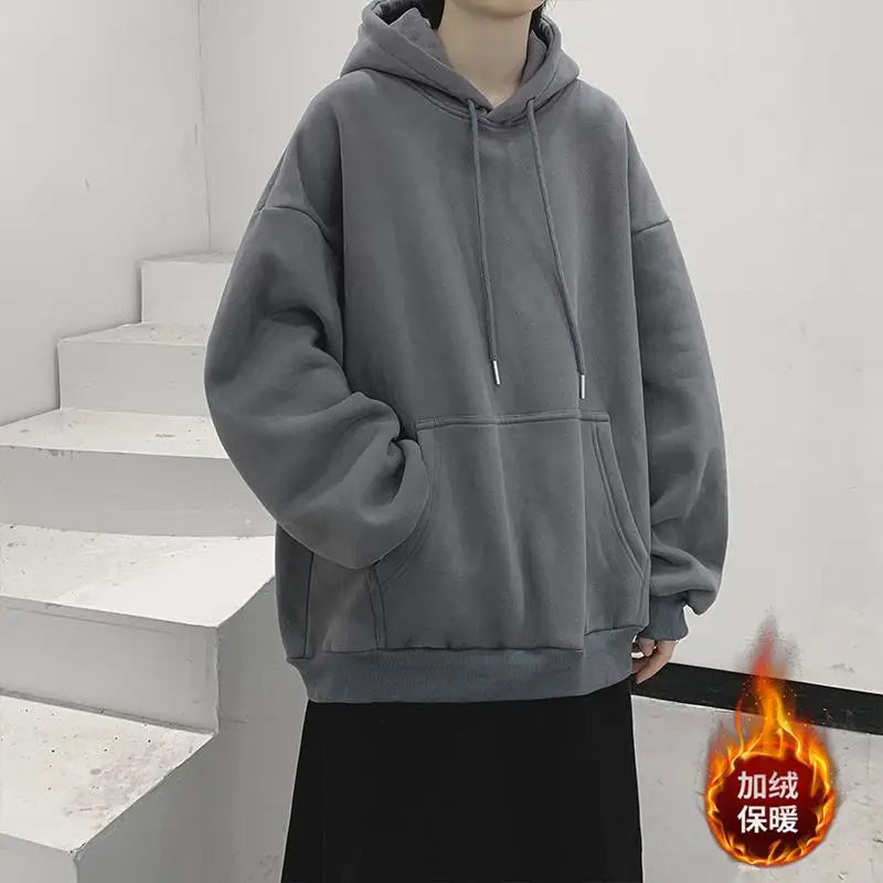 sanyamk Dark Grey Hoodie Men Sweatshirt Autumn Winter Clothes Pure Color Y2k Pullover Top Boy Version Trend Loose Fleece Coat Oversized