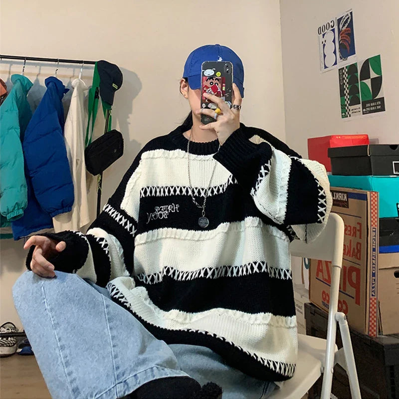 Bonsir Patchwork Striped Men's Knitted Sweater Blue Pullovers Punk Black Sweaters Male Oversize Korean Streetwear Hip Hop