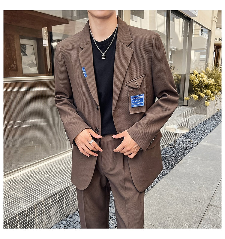 sanyamk Mens Suits Sets Jacket Pant Men Korean Streetwear Office Fashion Loose Casual Blazer Suit Jacket Pant Chic Trend Dress Suits