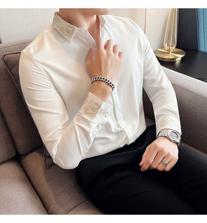 Bonsir Fall Black Gold Court Embroidery Pattern Shirt For Men Long Sleeve Court Casual Business Dress Shirt Social Party Camisa Hombre