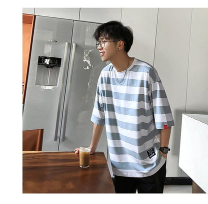 Bonsir New stripe Mens T Shirt Cotton  Summer  Male Oversized Tee Shirts 5XL Big Size Japanese Harajuku street Fashion Clothing