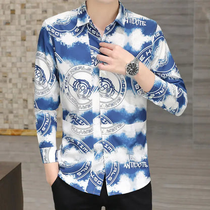 sanyamk Spring Summer Polo-neck Fashion Printed Long Sleeve Blouse Homme Vintage Buttons Top Men Personity Trend Shirt Hombre Cardigan