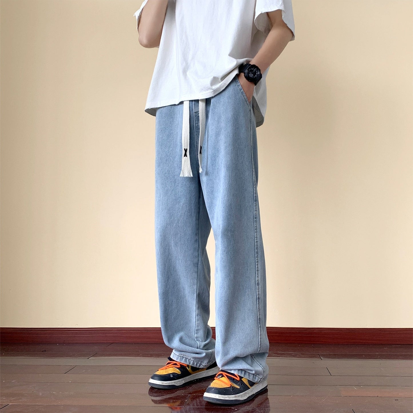 Bonsir Japanese Style Trend Y2k Baggy Straight Jeans Men's Summer New Wide Leg Solid Color Casual Denim Pants Male High Street Trousers