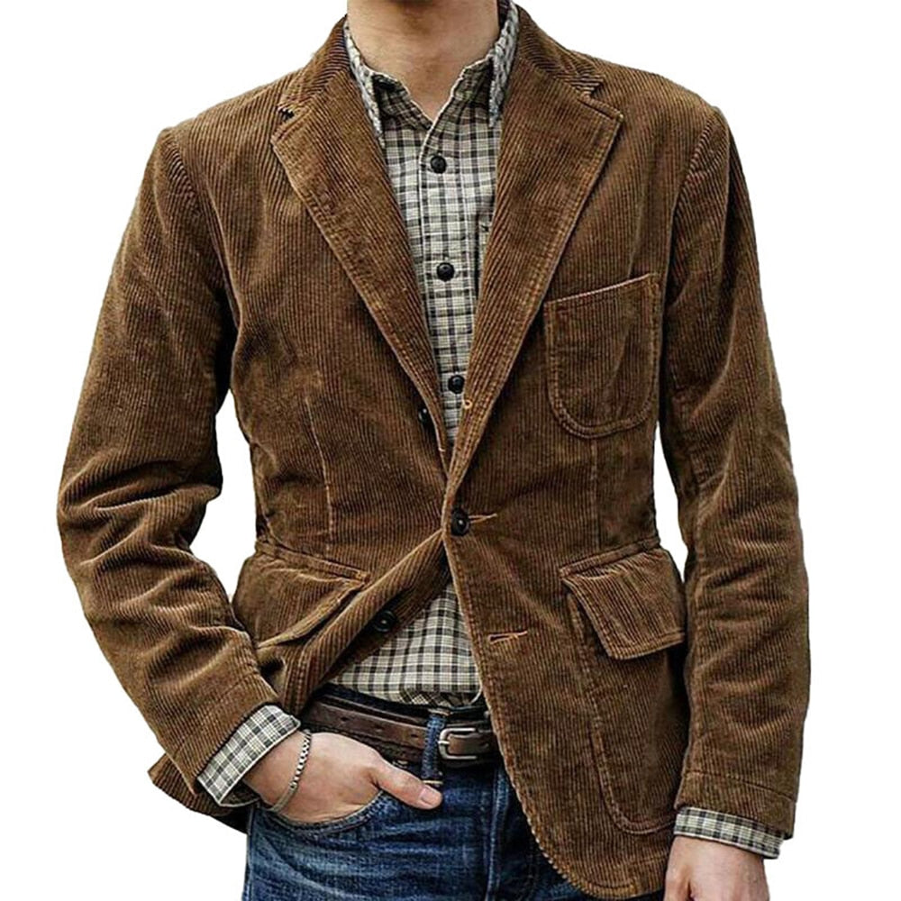 sanyamk Men's Coat Corduroy Casual Suit With Shoulder Pads High-Quality Fashion Lapel Long-Sleeved Solid Color Jacket Winter Models