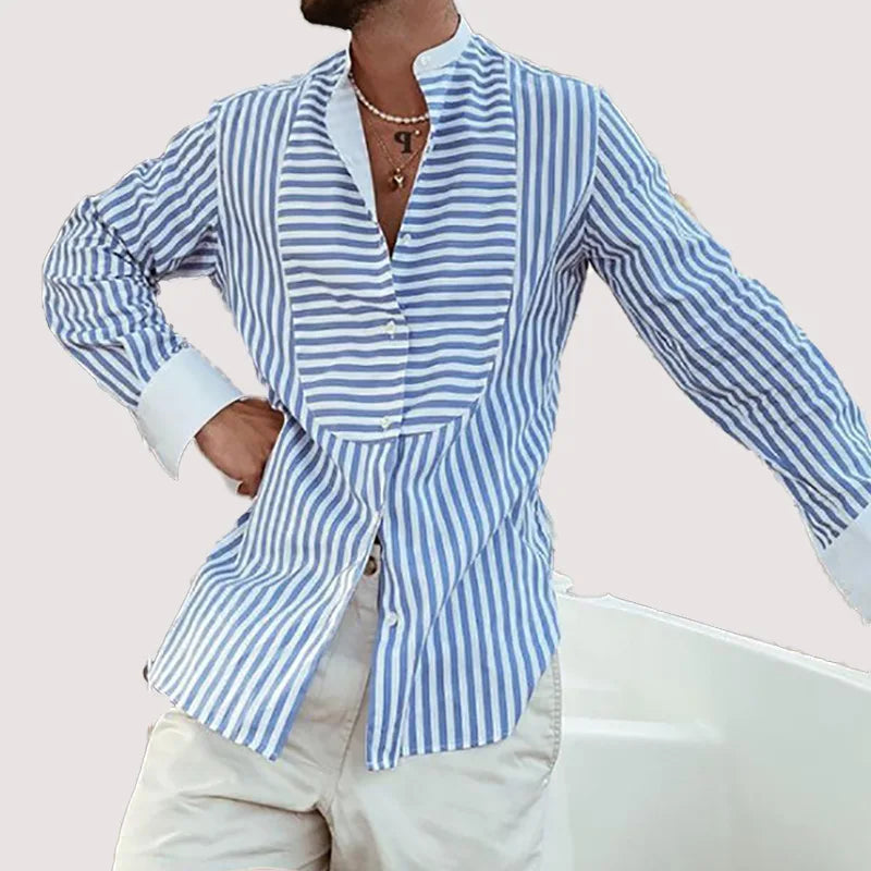 sanyamk Mens Loose Shirts Irregular Stripe Stitching Long Sleeve Stand Collar  Leisure Shirt Spring Casual Cardigan Tops Men Clothing