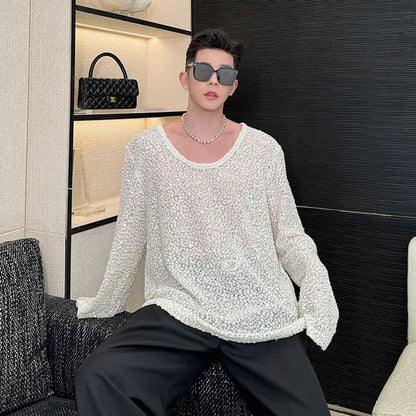 sanyamk  -   Personality Round Collar Bead T-Shirt Long Sleeve Men's Tops New 2024 Summer Fashion Casual Male Clothing T-shirts