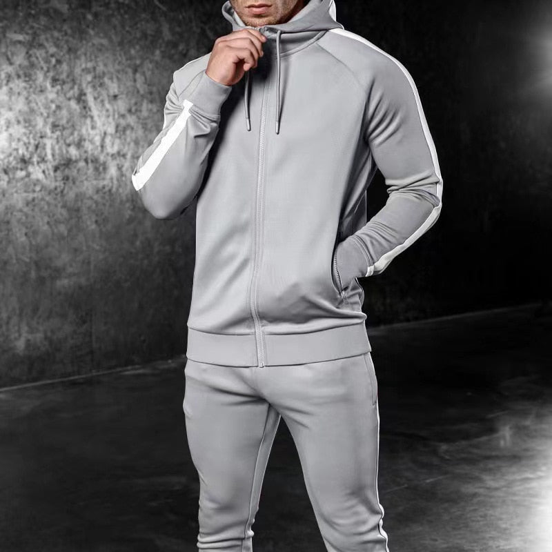 sanyamk Spring Autumn New 2 Piece Sets Men Tracksuit Casual Stripe Joggers Hooded Sportswear Jackets+Pants Hip Hop Running Sports Suit