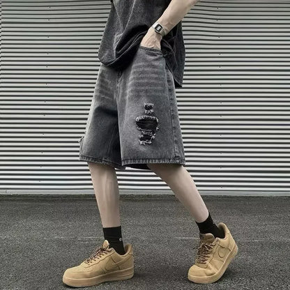 sanyamk American Street Vibe Men's Summer Loose-fit Denim Shorts Trendy Brand Vintage Ripped Shorts For Casual Wear