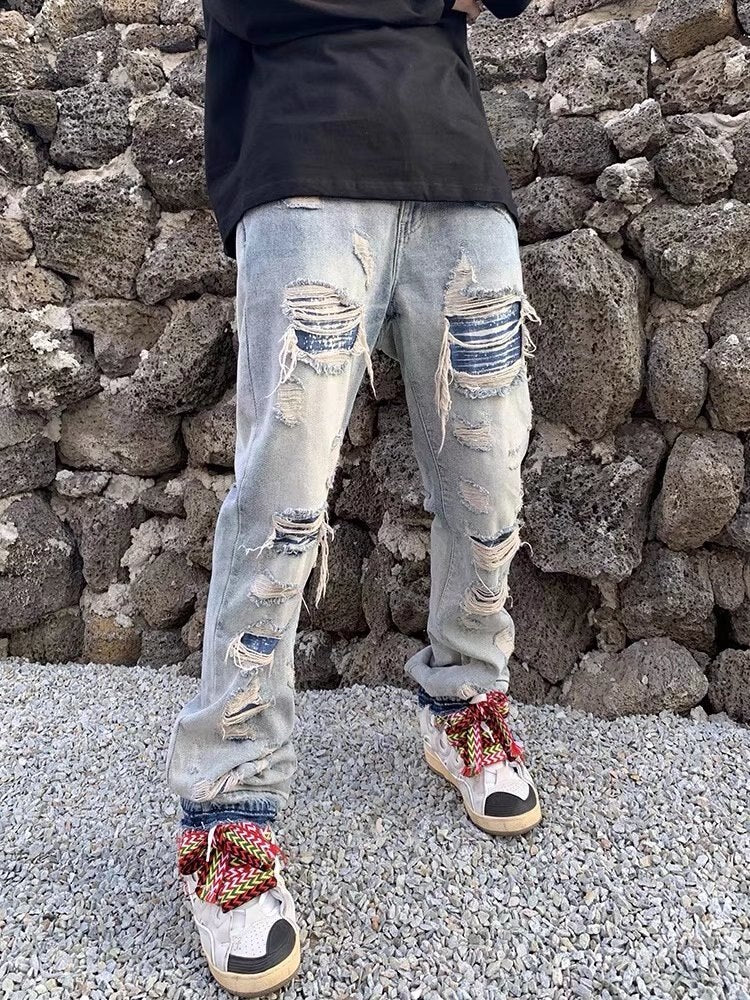 sanyamk High Street Hole Ripped Vintage Men Hip Hop Baggy Jeans Trousers Punk Distressed Retro Washed Straight Denim Pants Pantalon