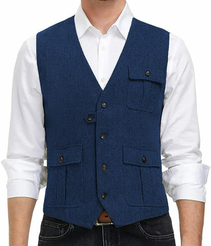 sanyamk Light Blue New Men Vest Wool Tweed Casual Waistcoat Formal Business Vest For Wedding Groomsmen Party Banquet Suit