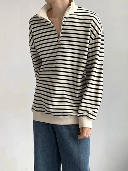 sanyamk  -  Striped Sweatshirts Men Chic High Street Loose O-Neck All-match Korean Style Casual Unisex Clothing Daily Simple Autumn College