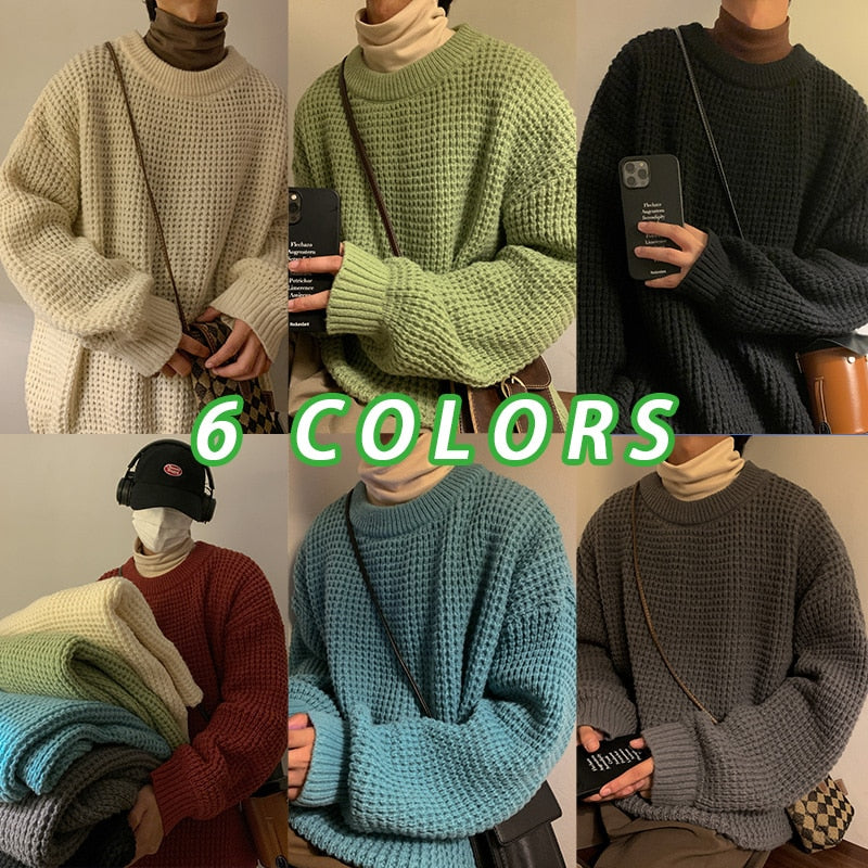 sanyamk Men's Waffle Sweaters Round Neck Solid Color Korean Style Hip Hop Male Knitted Pullovers Loose Casual Winter Knitwear